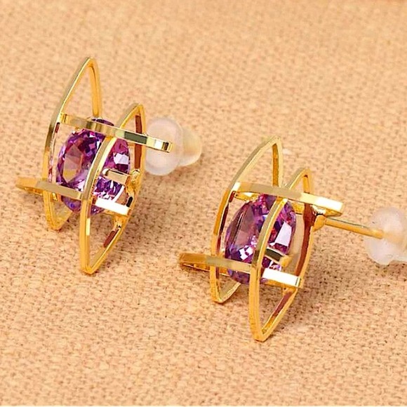 Gold Caged Amethyst 3D Stud Minimalist Earrings - Picture 3 of 4